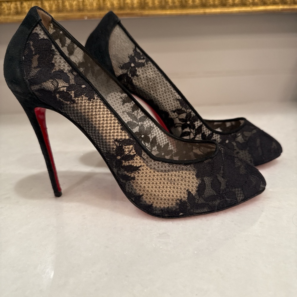 Christian Louboutin Black Lace Heels with Red Soles